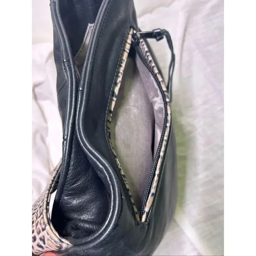 Black Leather Slouchy Hobo Bag Snakeskin Strap Silver Ring Hardware Y2K
